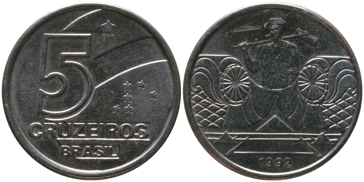 Бразилия 5 крузейро 1992 KM 618.2, Schon 127a нержавеющая сталь 4519-554