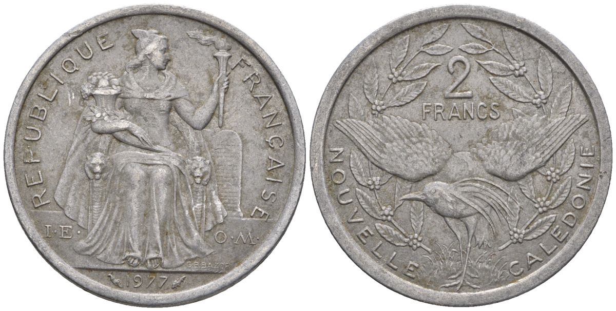 Французская Новая Каледония 2 франка 1977 птица кагу, (IEOM) KM 14, Schoen 11, Lec 58 алюминий    27-442