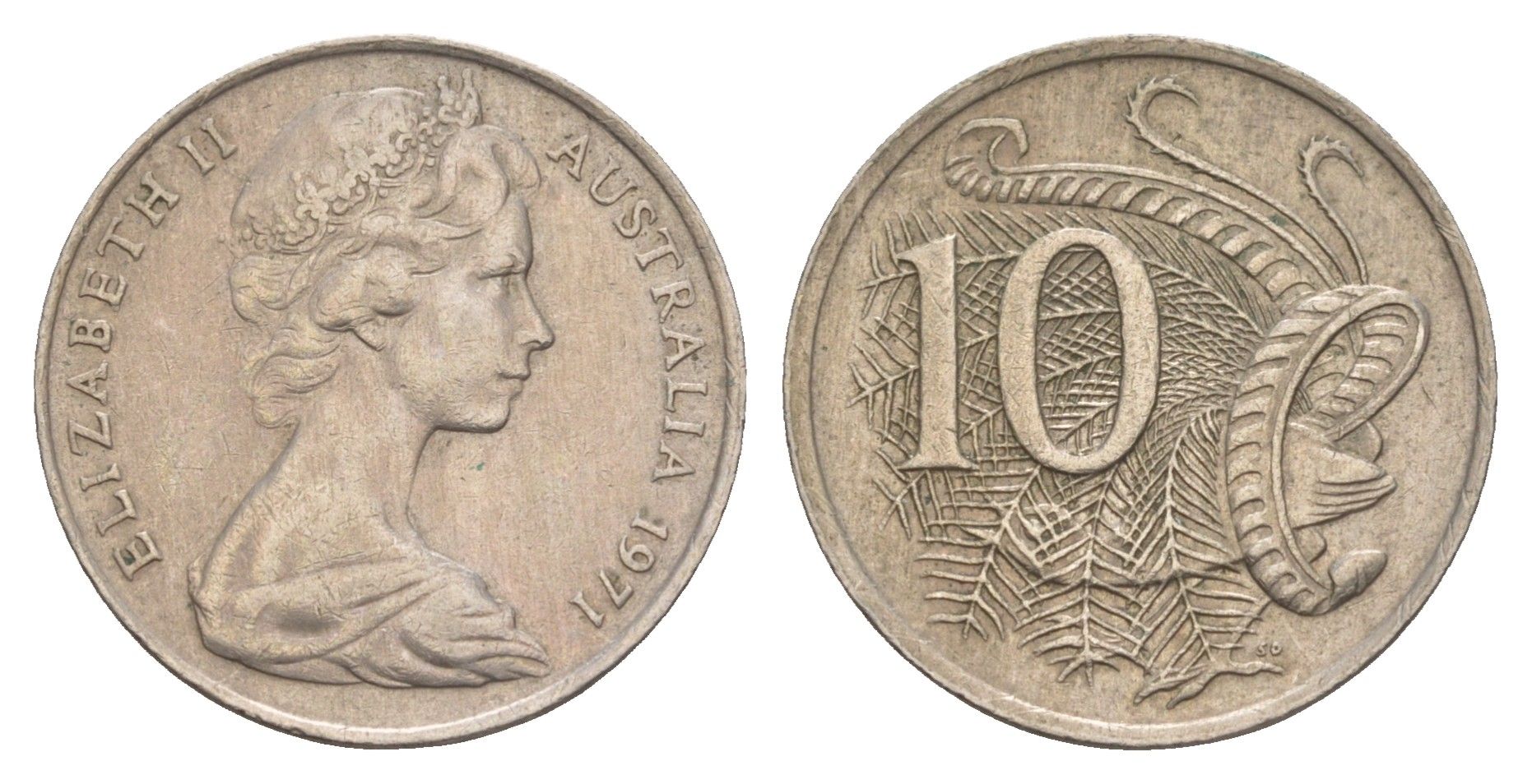 Австралия 10 центов 1971 Елизавета II (1952-2022), птица лирахвост KM 65 медно-никель 4657-141