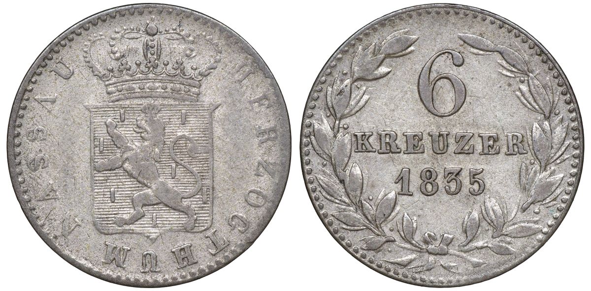 Нассау 6 крейцеров 1835 Вильгельм I (1816-1839) KM 53 серебро    188-455