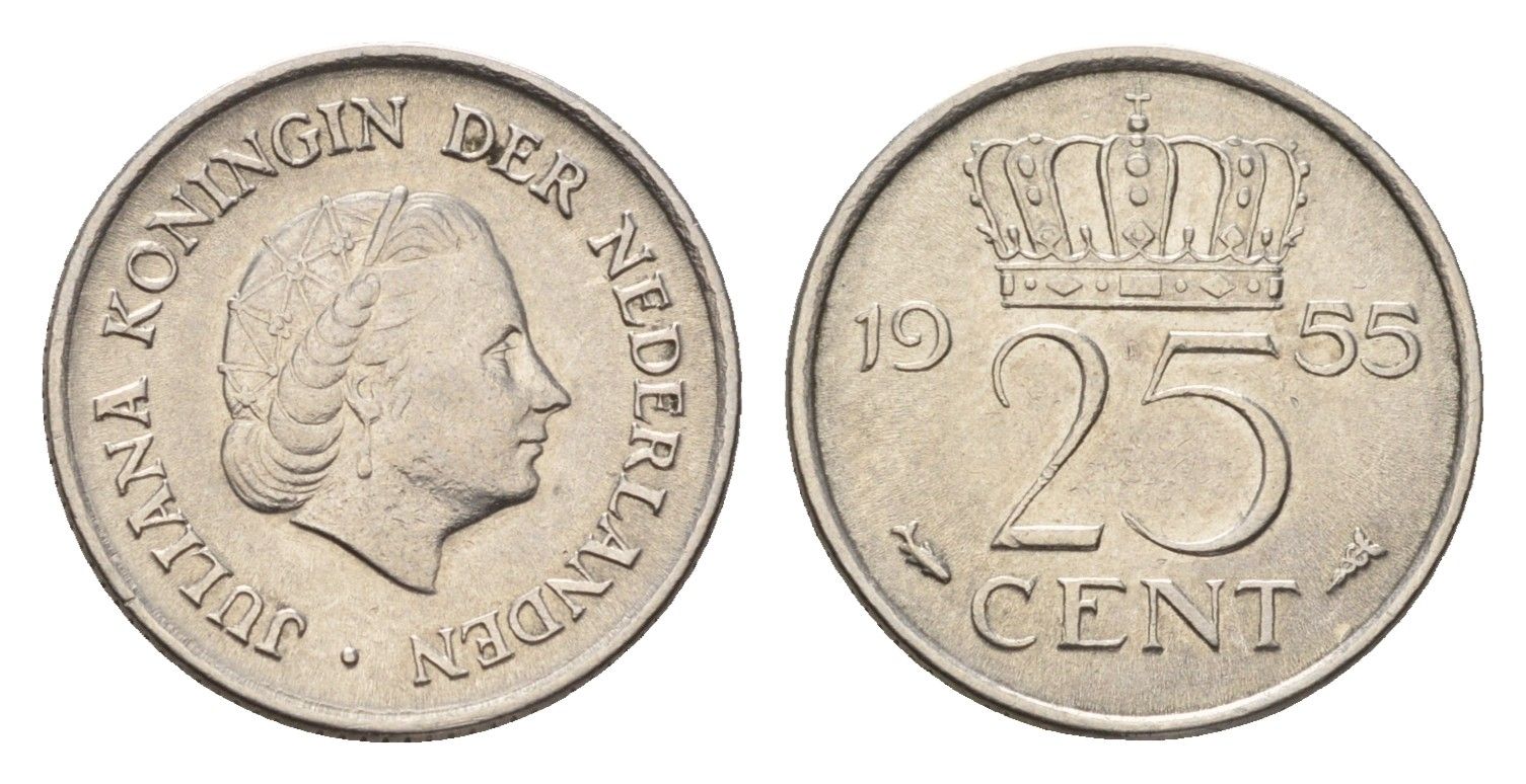 Нидерланды 25 центов 1955 Юлиана (1948-1980) KM 183 никель 4658-763