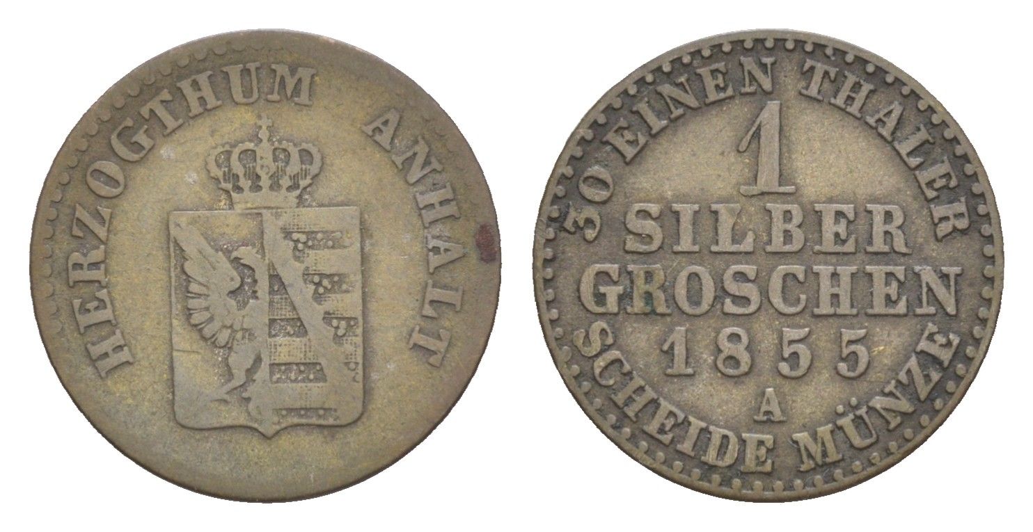 Ангальт-Бернбург 1 серебряный грош 1855 A, Александр Карл (1834-1863) KM 95, AKS 23, J. 69 серебро 1525-1132