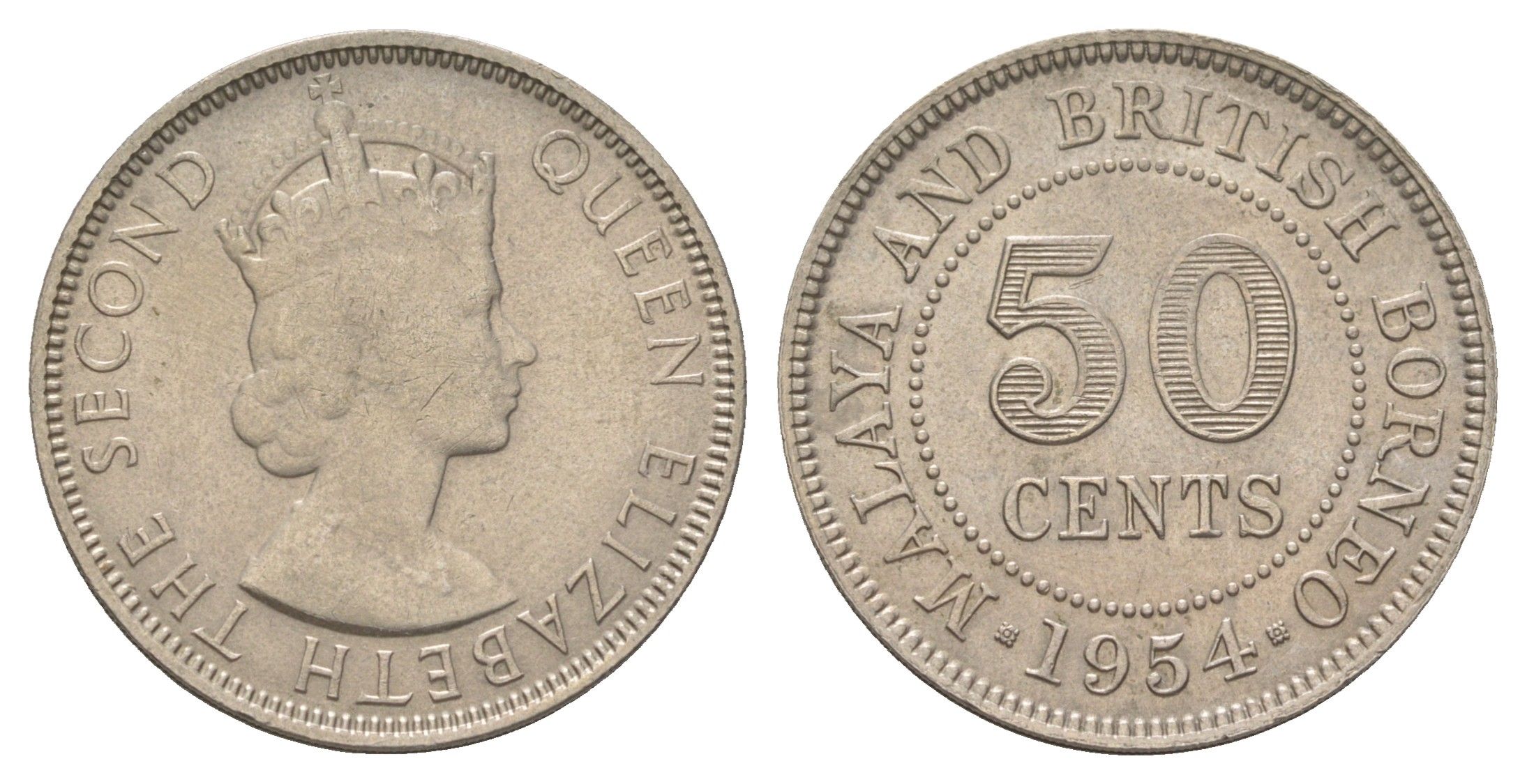 Малайя и Британское Борнео 50 центов 1954 Елизавета II (1952-2022) KM 4 медно-никель 4622-451