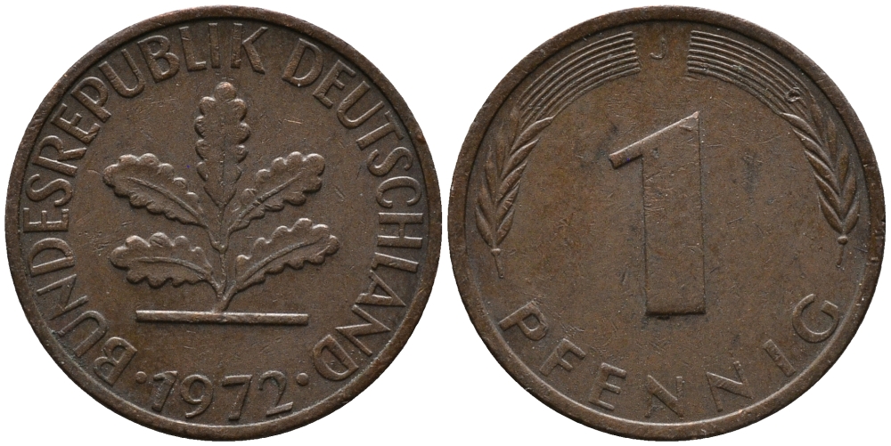 ФРГ 1 пфенниг 1972 J KM 105, J.380 сталь плакированная медью 99-322