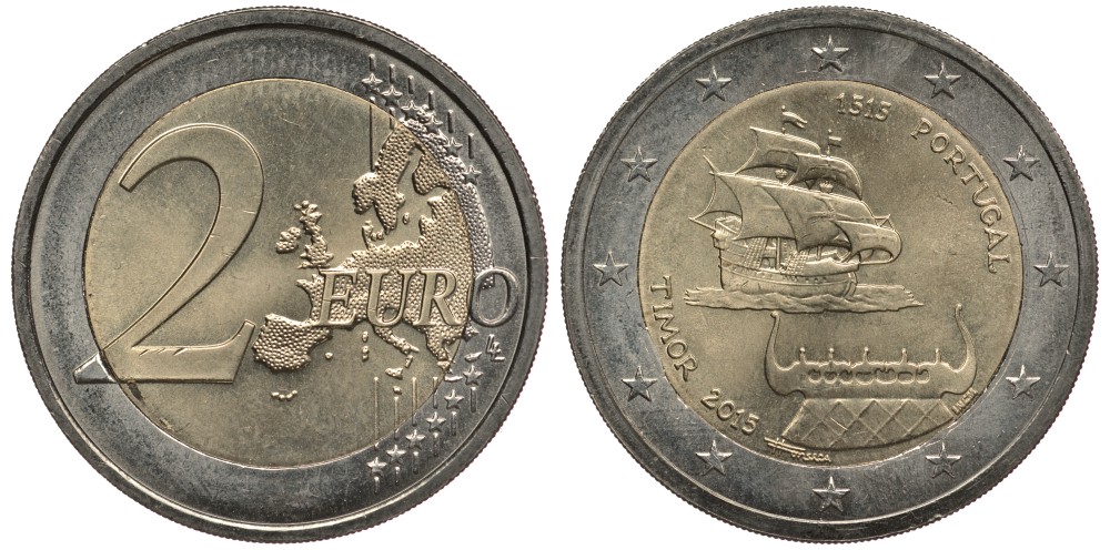 Португалия 2 евро 2015 500 лет первому контакту с Тимором, парусник KM 849 биметалл 108-824