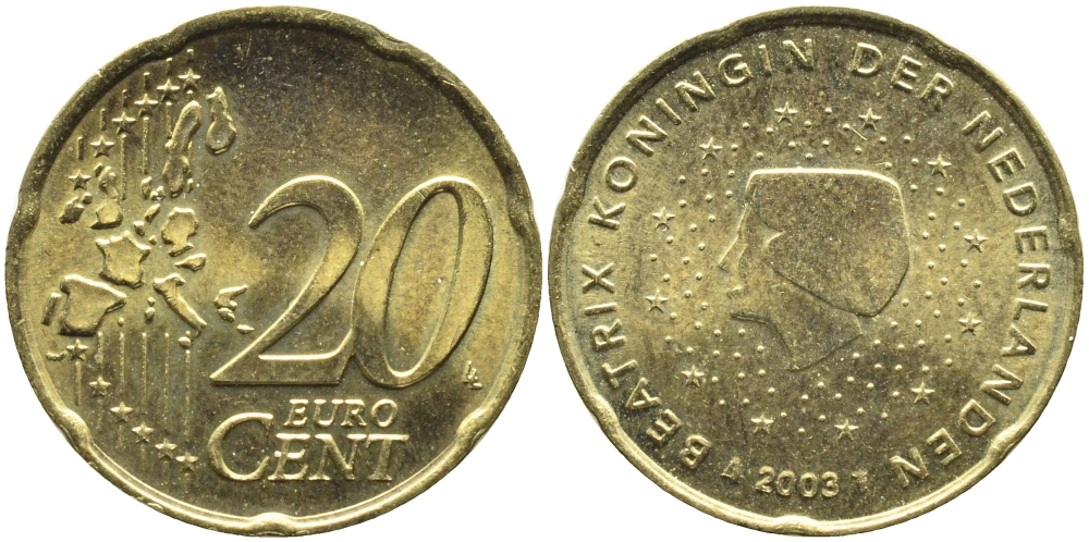 Нидерланды 20 евроцентов 2003 Беатрикс (1980-2013) KM 238 латунь UNC 08-1024
