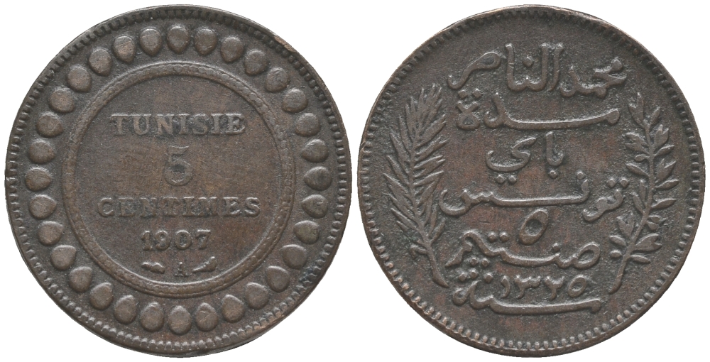 ТУНИС 5 САНТИМОВ 1907 А KM 235 бронза 28-1223