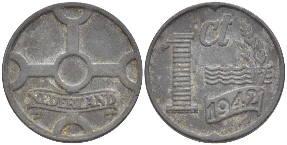 НИДЕРЛАНДЫ 1 ЦЕНТ 1942 ВИЛЬГЕЛЬМИНА I (1891-1948), ГЕРМАНСКАЯ ОККУПАЦИЯ, ВТОРАЯ МИРОВАЯ ВОЙНА KM 170 цинк 4532-1136