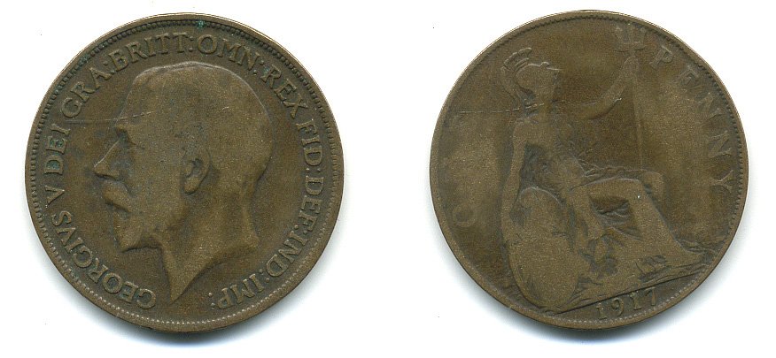 Великобритания 1 пенни 1917 Георг V (1910-1936) КМ 810, Spink 4051 бронза 4110-134