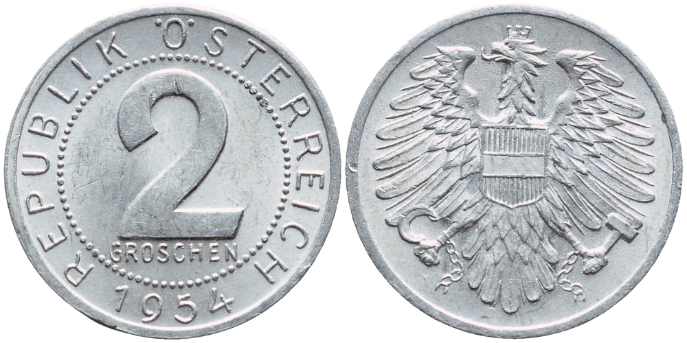 АВСТРИЯ 2 ГРОША 1954 KM 2876 алюминий 4396-1113