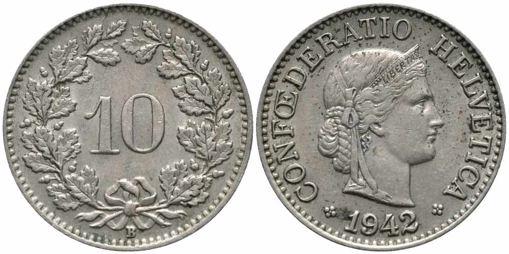 ШВЕЙЦАРИЯ 10 РАППЕНОВ 1942 B KM 27 медно-никель 100-744