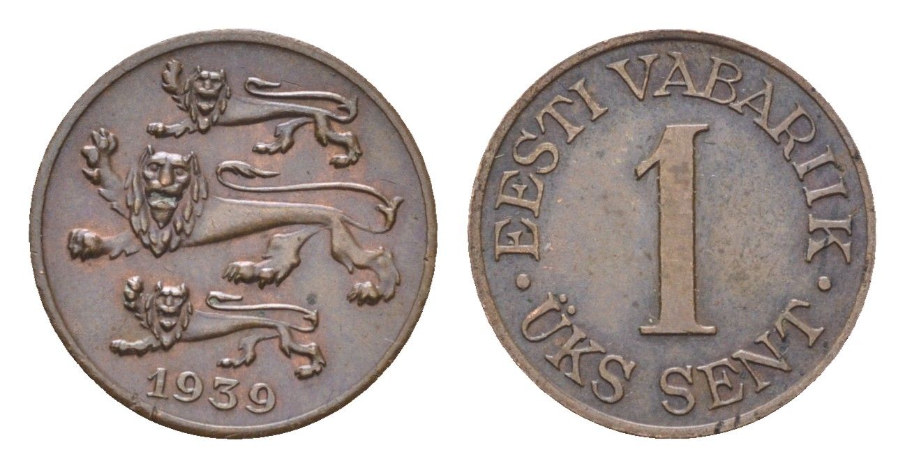 Эстония 1 сент 1939 год-тип KM 19 бронза 1524-2034