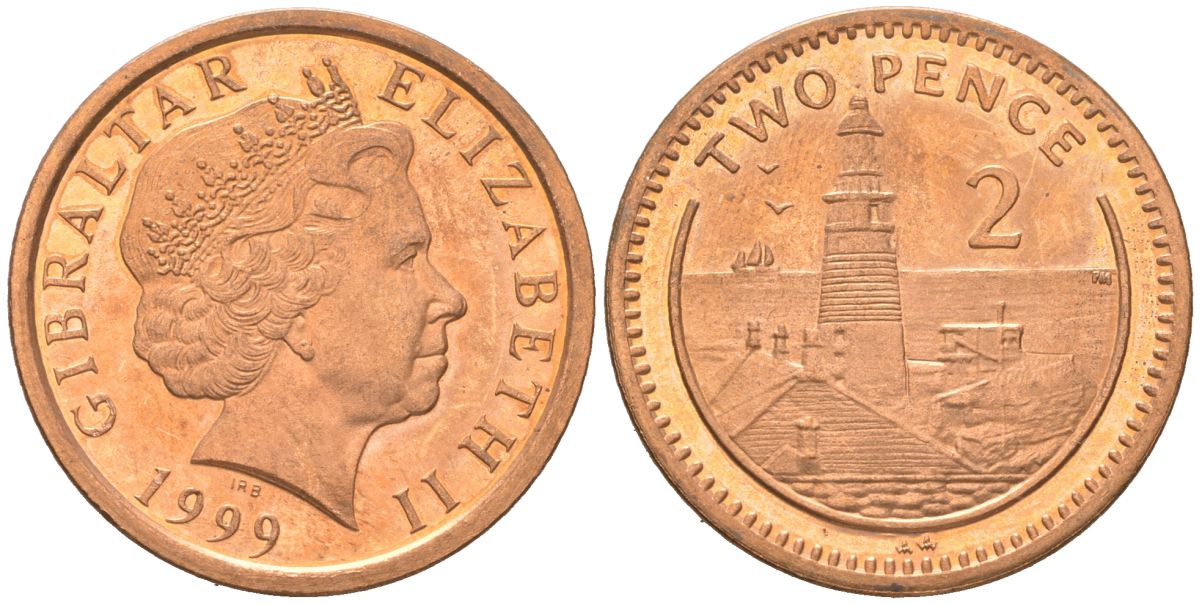 Гибралтар 2 пенса 1999 KM 774 сталь плакированная медью UNC 4619-225