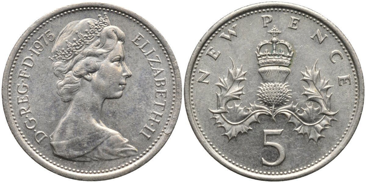 Великобритания 5 пенсов 1975 Елизавета II (1952-2022) KM 911, Spink 4233 (D1) медно-никель aUNC 4171-555