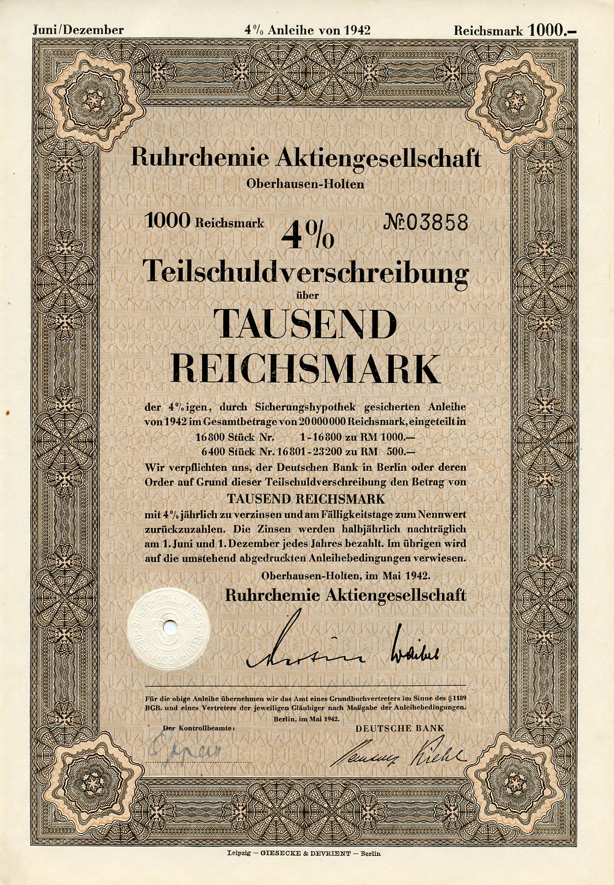 Германия 1000 рейхсмарок 1942 АО Рур-химия, Оберхаузен-Хольтен, 4 % облигация   бумага  8804-125-1