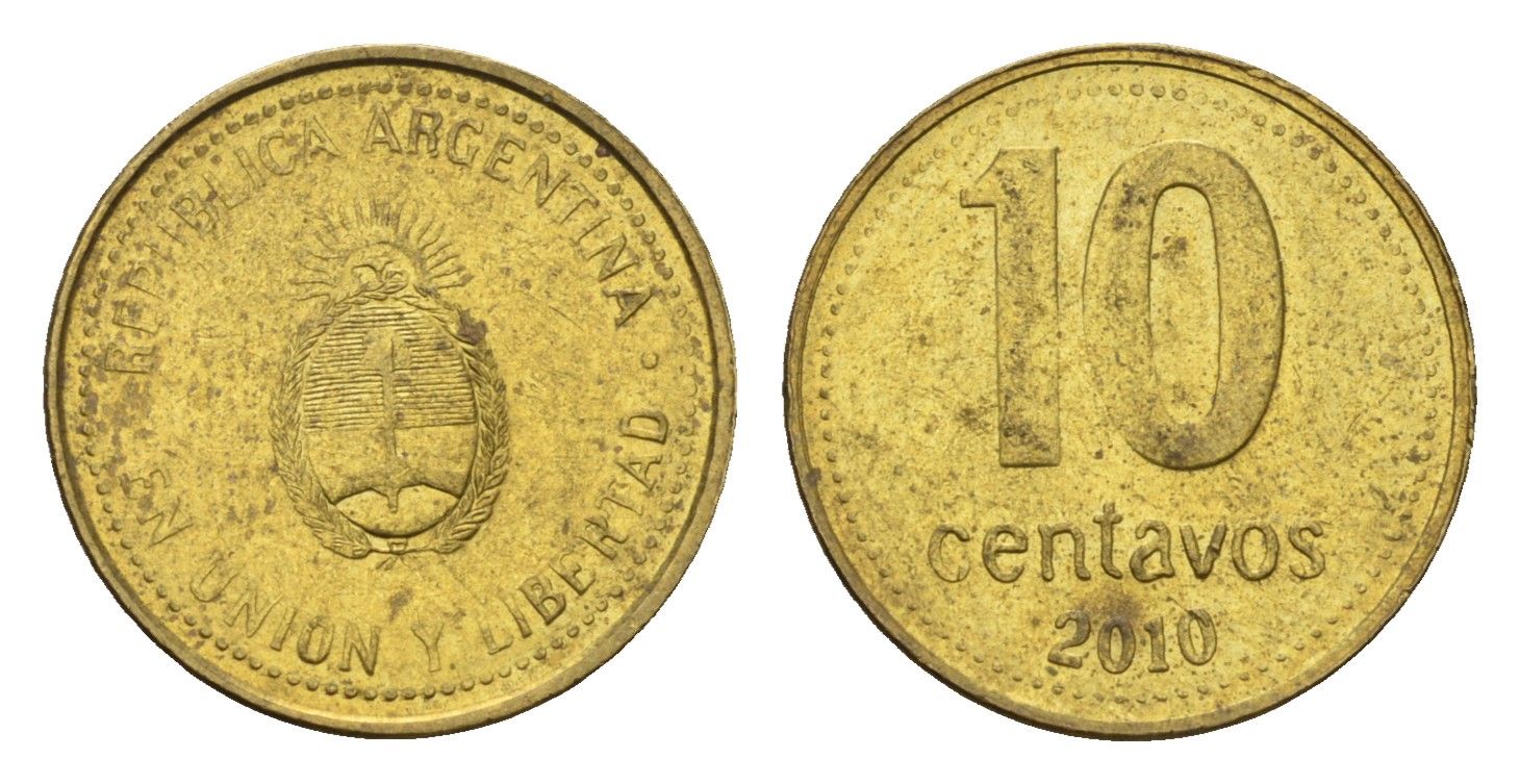 Аргентина 10 сентаво 2010 KM 107a сталь плакированная латунью aUNC 4702-532