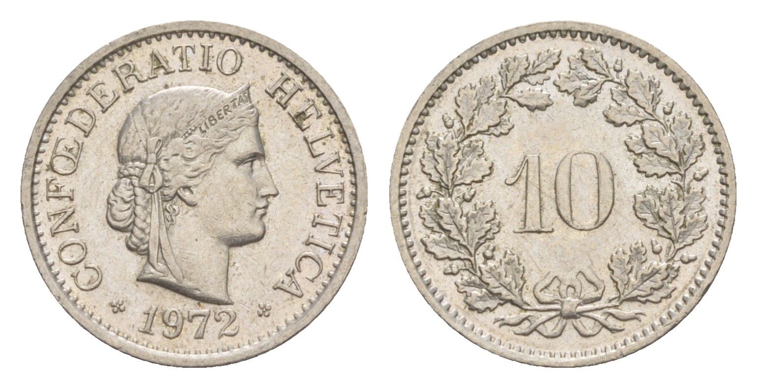 Швейцария 10 раппенов 1972 KM 27 медно-никель 4625-543