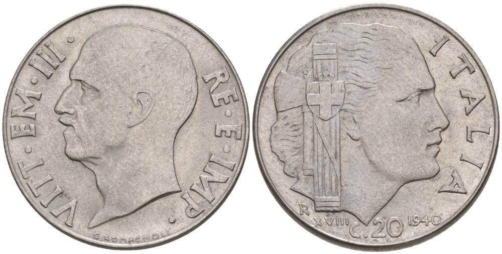 ИТАЛИЯ 20 ЧЕНТЕЗИМО 1940 R, ГОД XVIII, ВИКТОР ЭММАНУИЛ III (1900-1946), МАГНИТНАЯ, ГУРТ РИФЛЁНЫЙ KM 75b, VEM3. 1025 нержавеющая сталь 3853-517