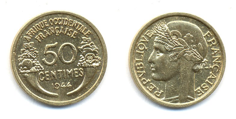 Французская Западная Африка 50 сантимов 1944 редкая KM 1, Lec 1 алюминиевая бронза aUNC 53-1127
