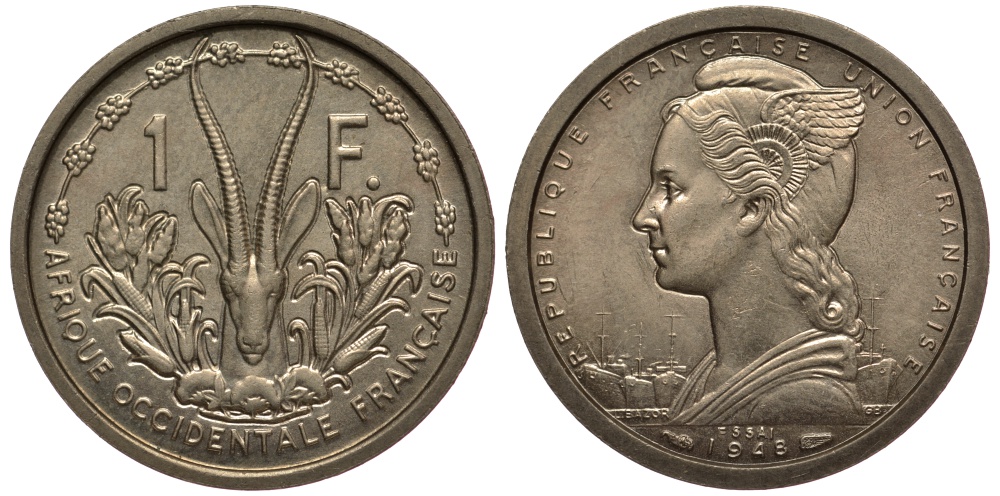 Французская Западная Африка 1 франк 1948 пробник, ESSAI KM E1 медно-никель UNC 5010-724