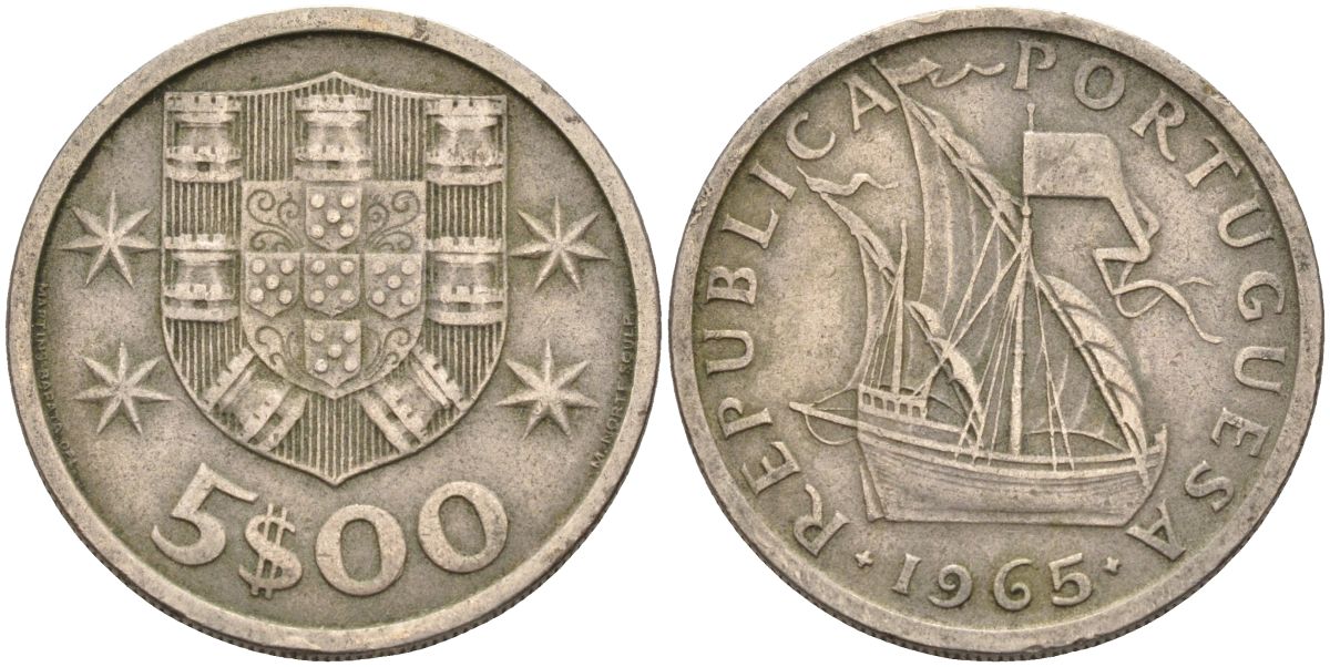 Португалия 5 эскудо 1965 парусник KM 591 медно-никель 4126-616