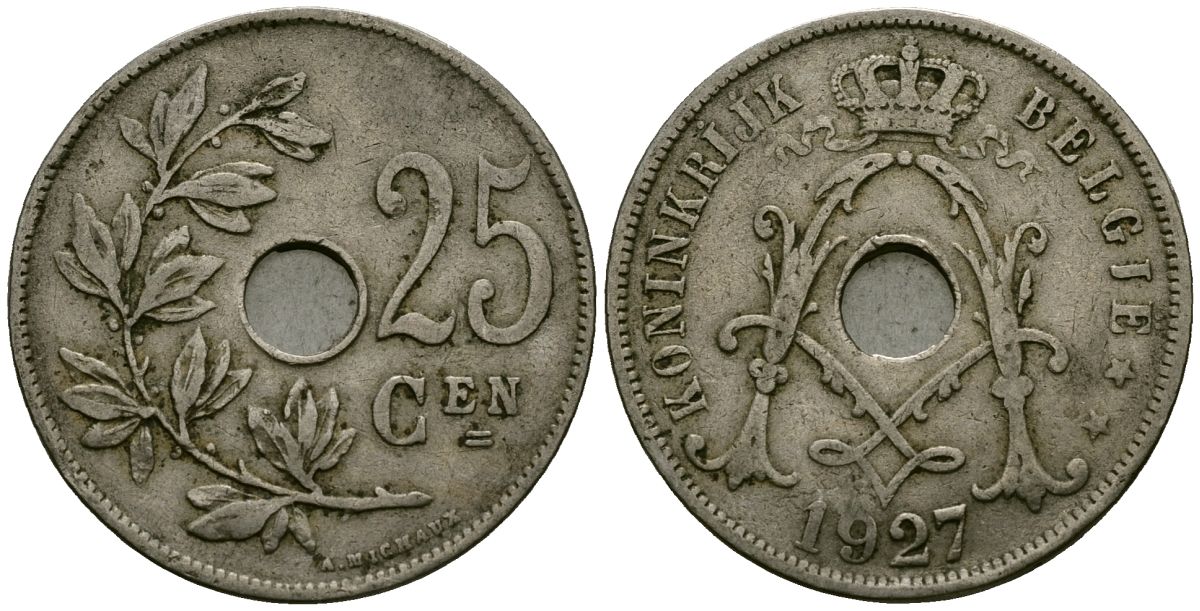 Бельгия 25 сантимов 1927 Belgie KM 69 медно-никель 4131-516