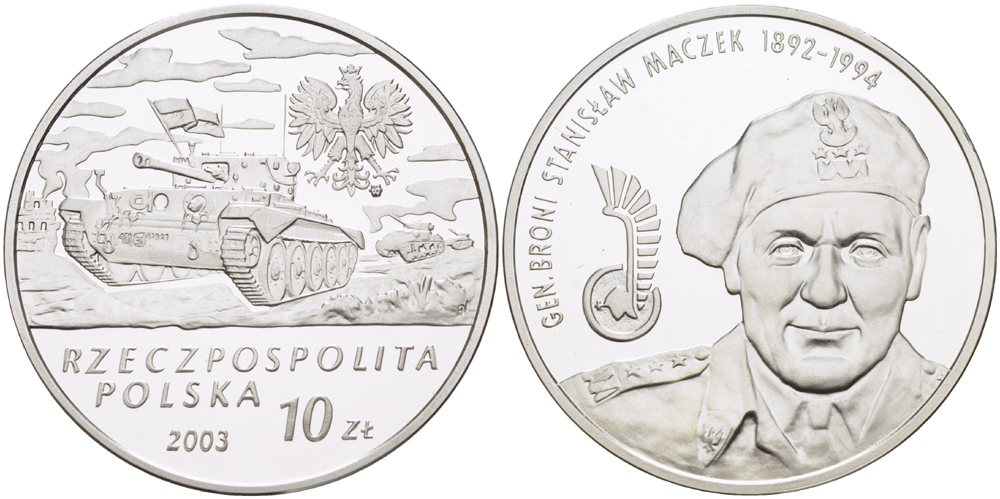 Польша 10 злотых 2003 MW, генерал бронетанковых войск Станислав Мачек (1892-1994) KM 468 серебро PROOF 1080-9-72