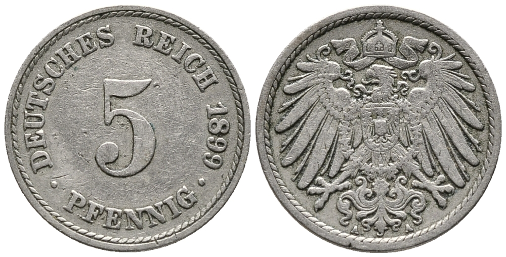 ГЕРМАНИЯ 5 ПФЕННИГОВ 1899 A KM 11, J. 12 медно-никель 39-736
