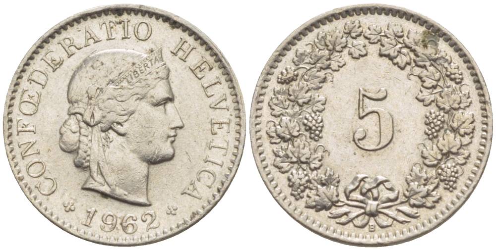 Швейцария 5 раппенов 1962 B KM 26 медно-никель 4532-953