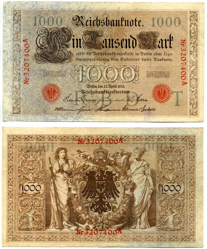 Германия 1000 марок 1910 21 апреля 1910, красная печать, номер семизначный, серия A, буква T, выпуск ЯНВАРЬ - МАРТ 1918 Pick 44, Роземберг 45b бумага VF 8606-36-1-2