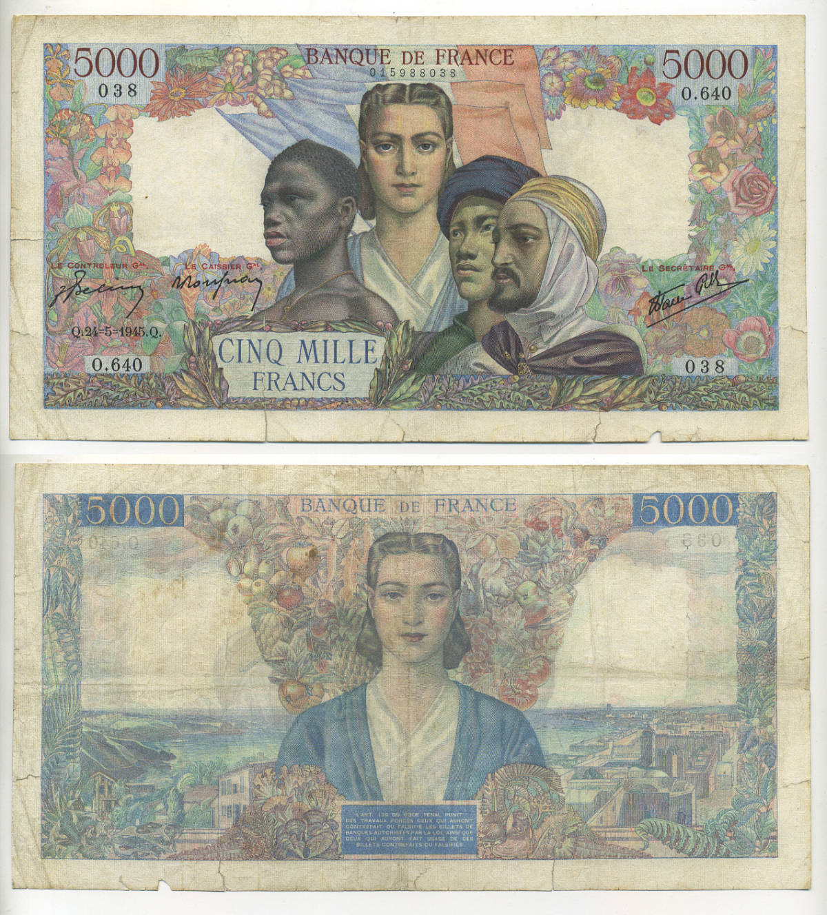 ФРАНЦИЯ 5000 ФРАНКОВ 1945 Pick 103c бумага 7552-2-1