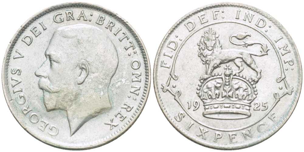 Великобритания 6 пенсов 1925 Георг V (1910-1936), широкий ободок KM 815a.1, Spink 4024 серебро 75-1138