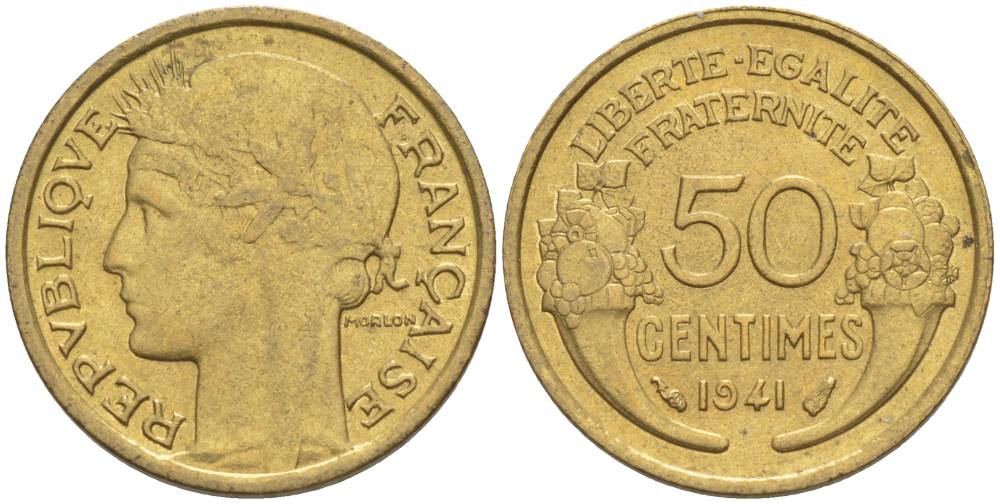 ФРАНЦИЯ 50 САНТИМОВ 1941 ТИП MORLON KM 894.1, LE FRANC 192.18 алюминиевая бронза 44-444