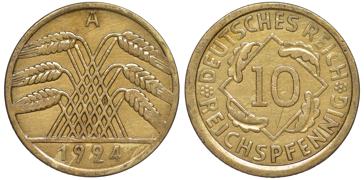 Германия 10 рейхспфеннигов 1924 A KM 40, J. 317 алюминиевая бронза 4604-654