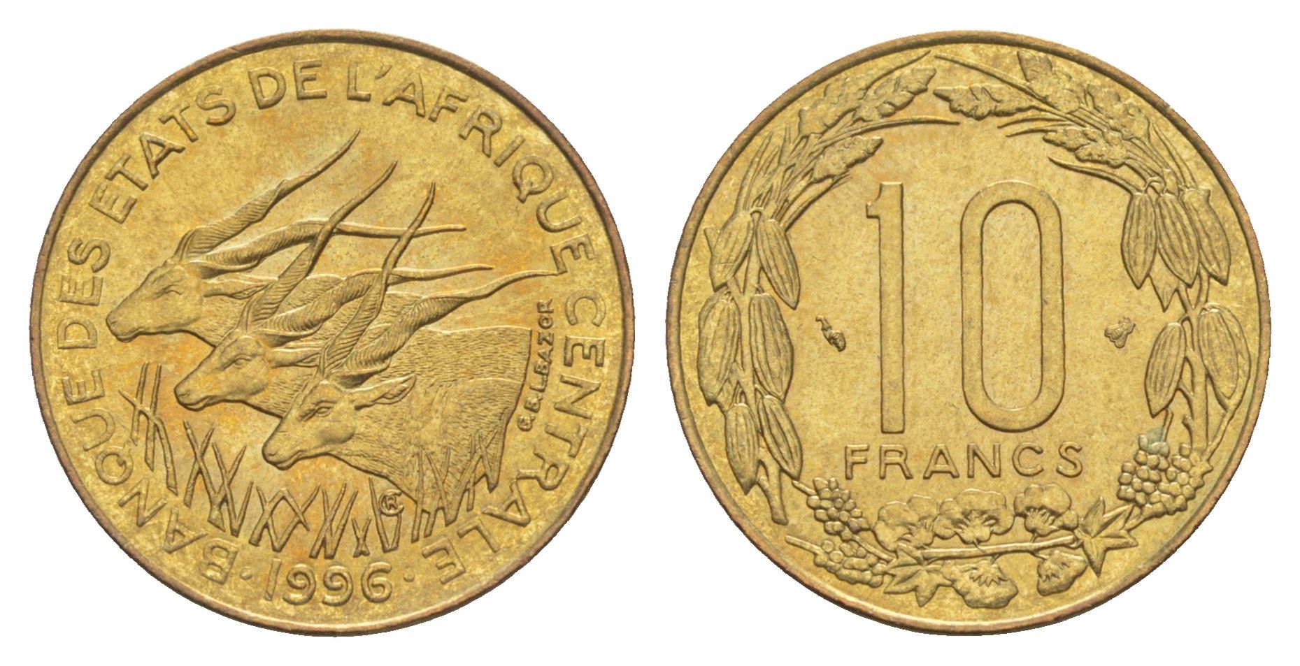 Центральная Африка (BEAC) 10 франков 1996 KM 9 медь алюминий никель UNC 4652-1032