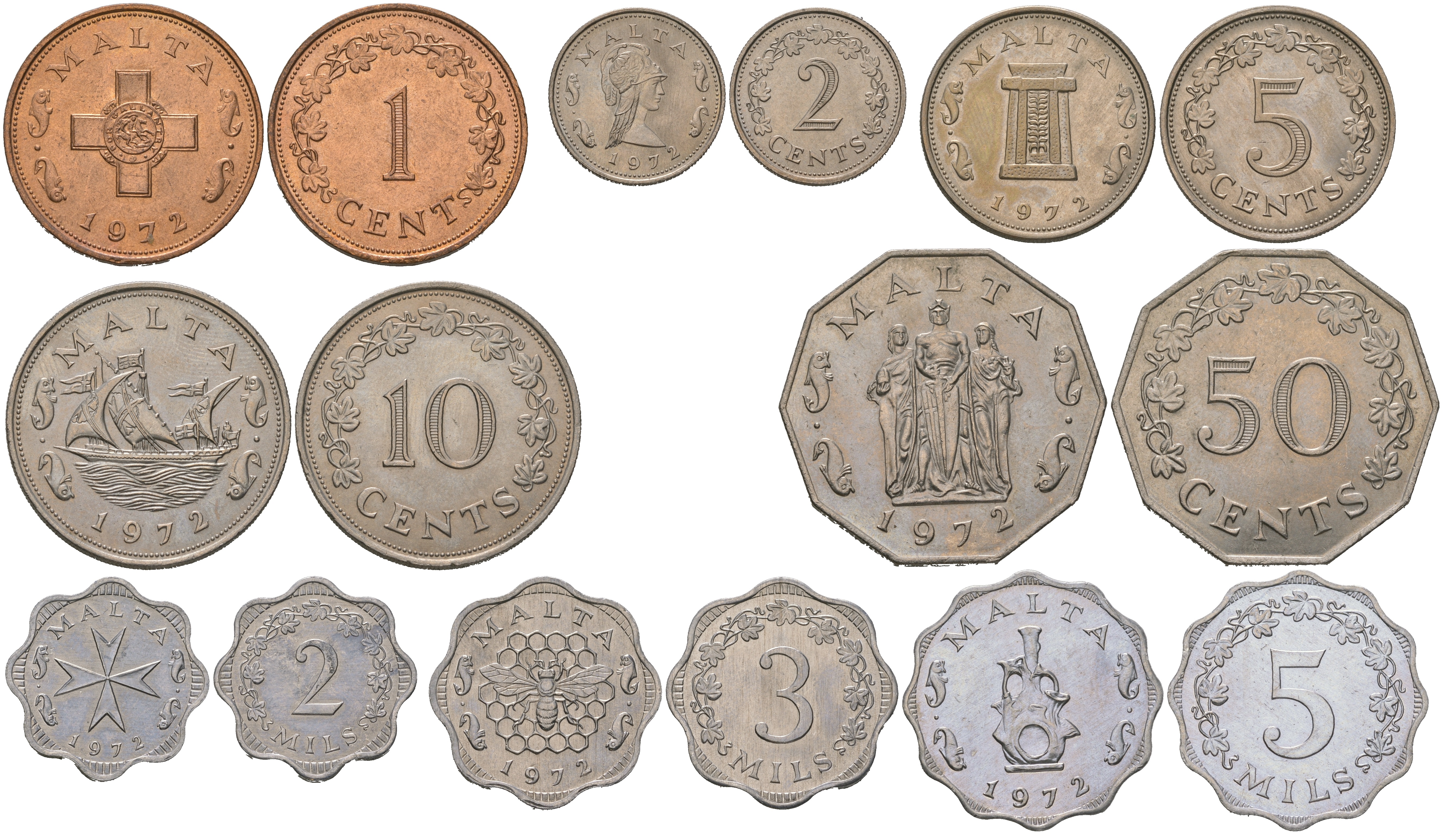Мальта набор из 8 монет (1, 2, 5, 10 и 50 центов; 2, 3 и 5 милей) 1972  KM 5, 6, 7, 8, 9, 10, 11, 12   UNC  M76-05