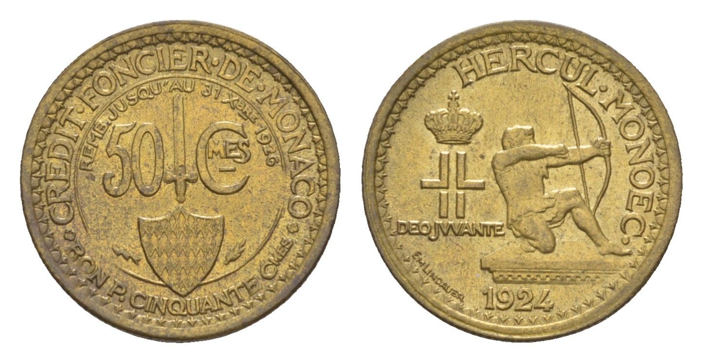 Монако 50 сантимов 1924 год-тип KM 110 алюминиевая бронза aUNC 1522-1423