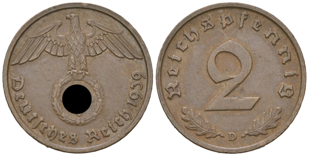 Германия 2 рейхспфеннига 1939 D KM 90, J. 362 бронза 3955-1169