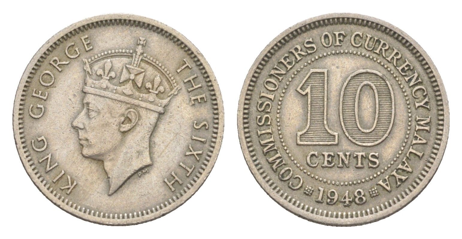 Малайя 10 центов 1948 Георг VI (1936-1952) KM 8 медно-никель 4643-232