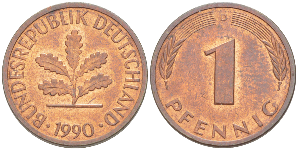 ФРГ 1 ПФЕННИГ 1990 D KM 105, J. 380 сталь плакированная медью 4181-712
