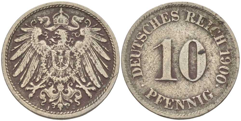 Германия 10 пфеннигов 1900 J KM 12, J. 13 медно-никель 4401-1125