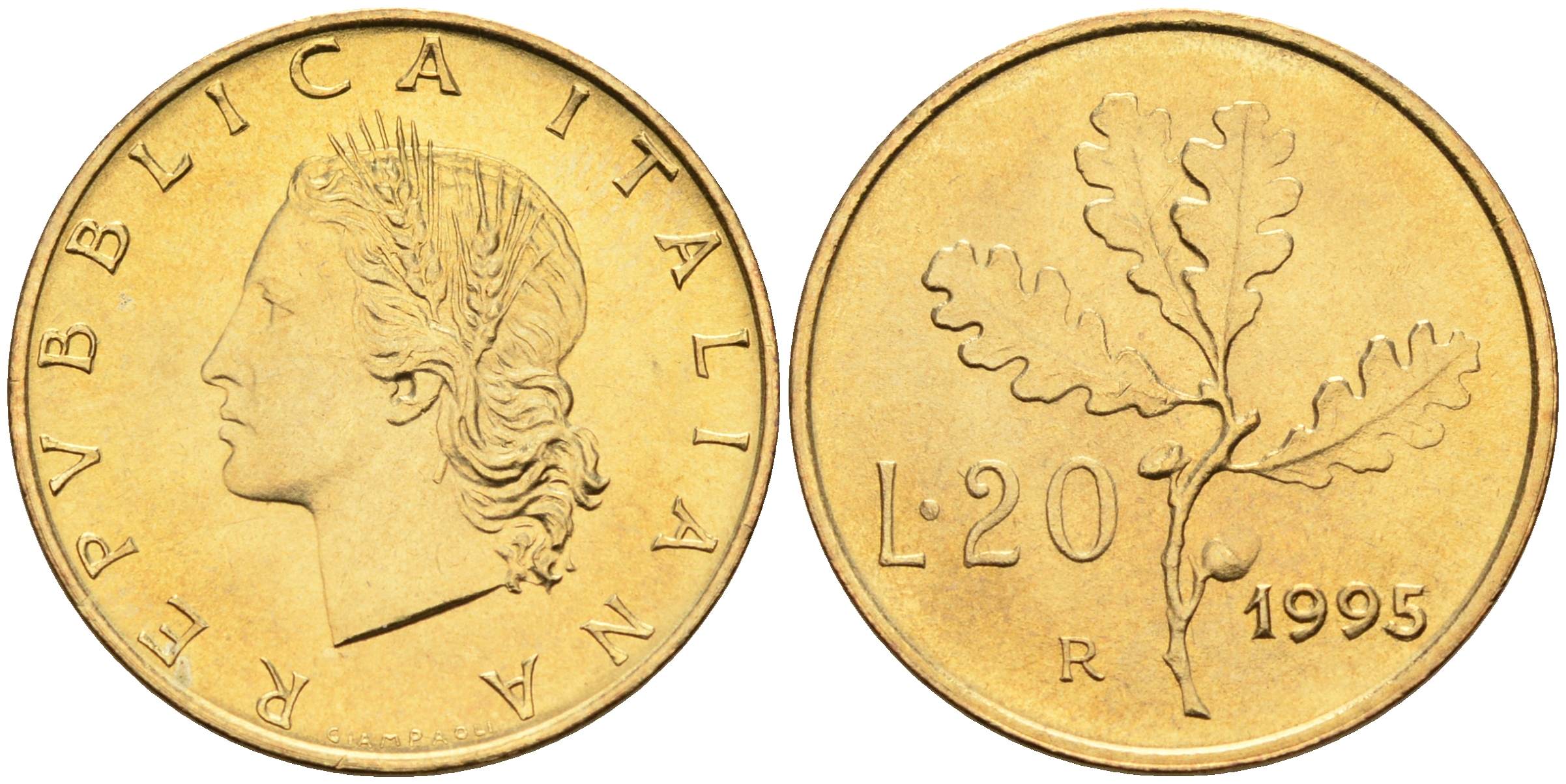 Италия 20 лир 1995 R, дубовый лист KM 97.2 алюминиевая бронза  UNC  4594-969