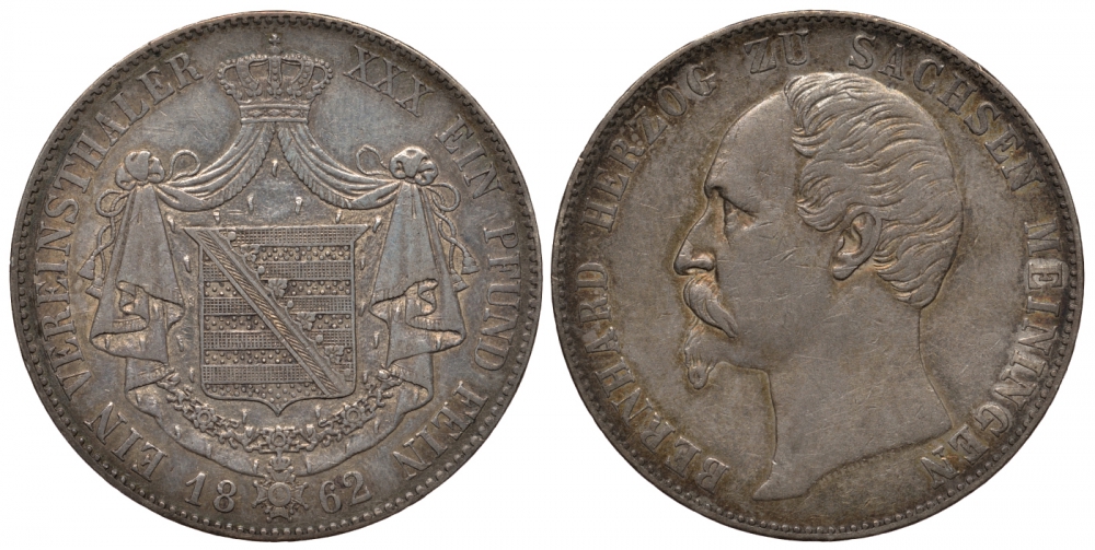 Саксен-Майнинген 1 талер 1862 Бернхард II (1821-1866) KM 167, Jaeger 450, Thun 379, AKS 184, Kahnt 504, Davenport 838 серебро 00-812-52