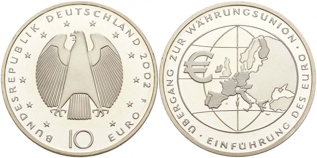 ФРГ 10 евро 2002 F, введение европейской валюты KM 215, DE.S. 10.1 серебро PROOF 1087-9-53