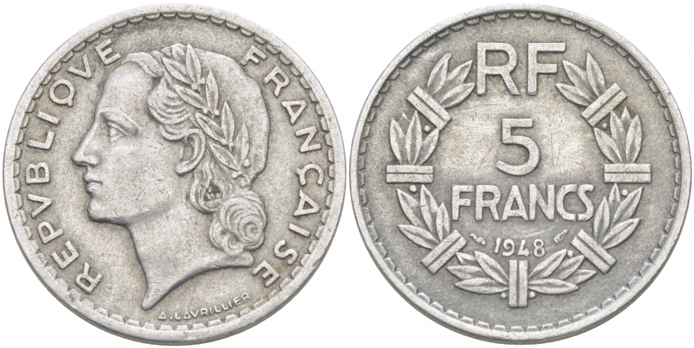 ФРАНЦИЯ 5 ФРАНКОВ 1948 OPEN 9 KM 888b.1 алюминий 4403-225