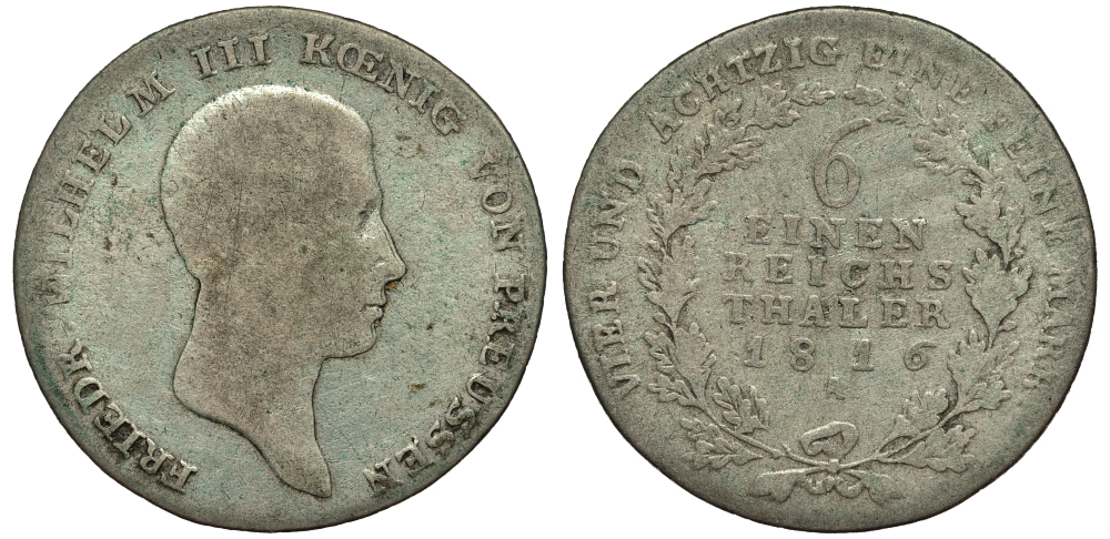 Пруссия 1/6 талера 1816 A, Фридрих Вильгельм III (1797-1840) KM 385 серебро 1519-1411