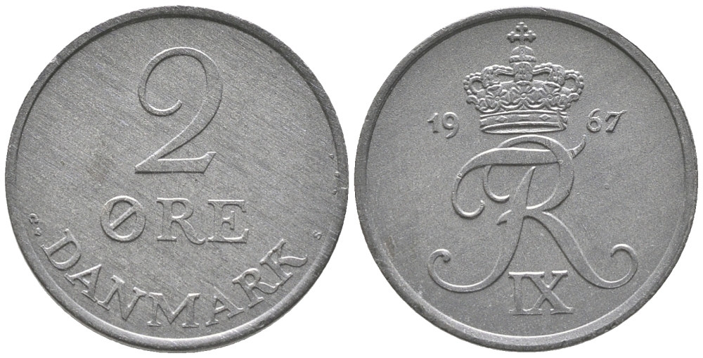 ДАНИЯ 2 ЭРЕ 1967 C; S, ФРЕДЕРИК IX (1947-1972) KM 840.2 цинк UNC 34-514