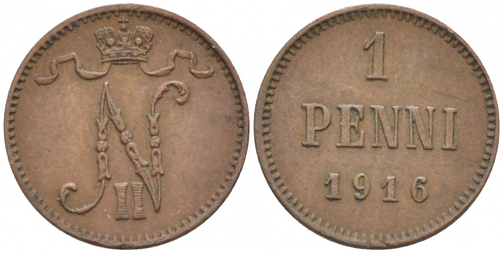 РОССИЯ ДЛЯ ФИНЛЯНДИИ 1 ПЕННИ 1916 НИКОЛАЙ II (1895-1917) KM 13, Биткин 476 медь 211-1052