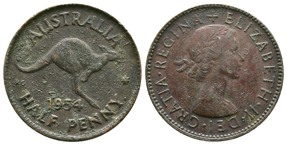 Австралия 1/2 пенни 1954 p, Елизавета II (1952-2022), кенгуру KM 49 бронза 89-1336