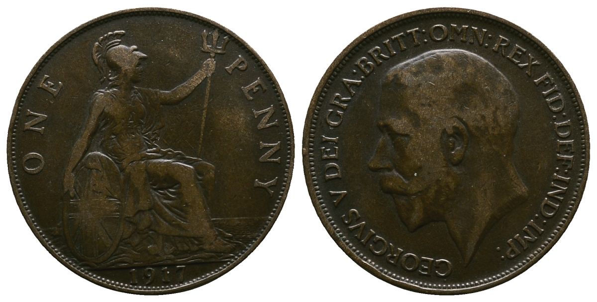 Великобритания 1 пенни 1917 Георг V (1910-1936) КМ 810, Spink 4051 бронза 4364-4342
